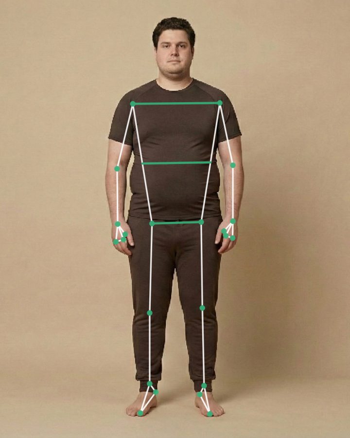 Same photo with 33 detected body landmarks and shoulder, waist and hip measurement lines
